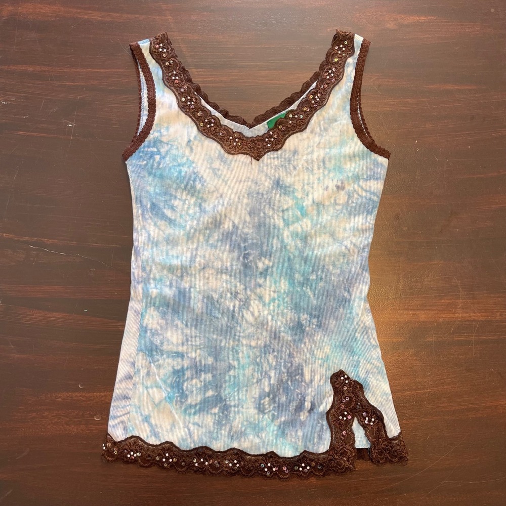 Everyday Clothing Co Blue Tie Dye Lace Trim Sequin Ribbed Tank Top Medium